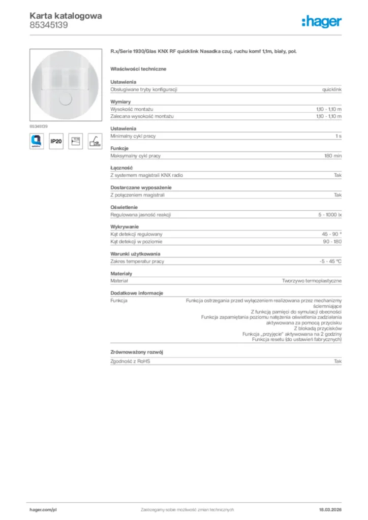 Zdjęcie Hager Karta katalogowa 85345139 | Hager Polska