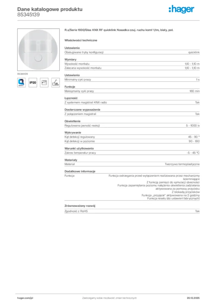 Zdjęcie Hager Dane katalogowe produktu 85345139 | Hager Polska