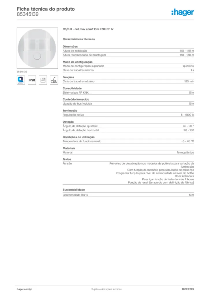 Imagem Hager Ficha técnica do produto 85345139 | Hager Portugal