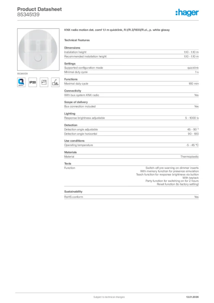 Image Hager Product data sheet 85345139  | Hager