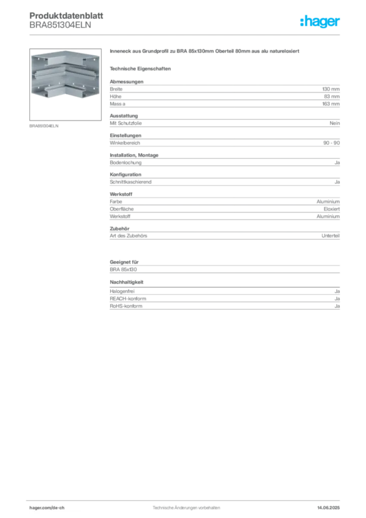 Bild Hager Produktdatenblatt BRA851304ELN | Hager Schweiz