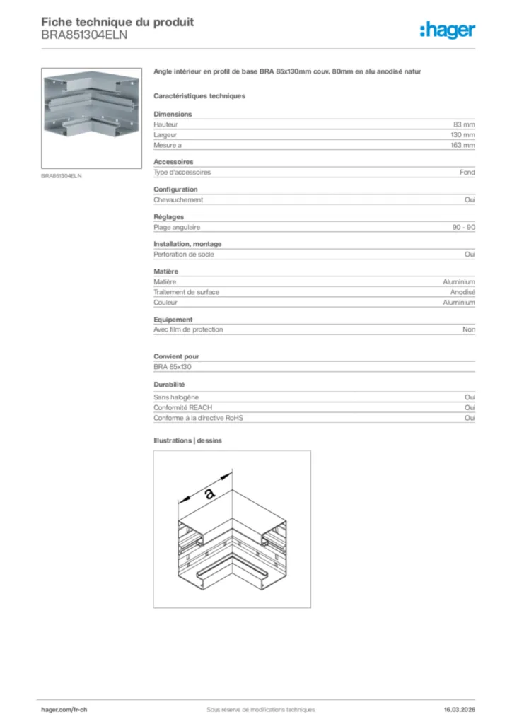 Image Hager Fiche technique du produit BRA851304ELN | Hager Suisse