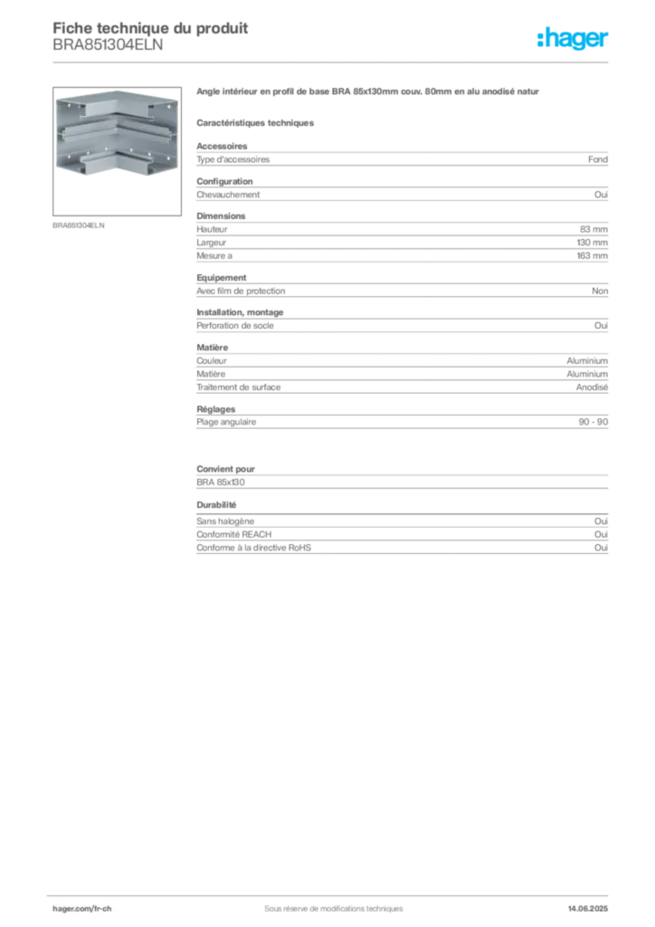 Image Hager Fiche technique du produit BRA851304ELN | Hager Suisse