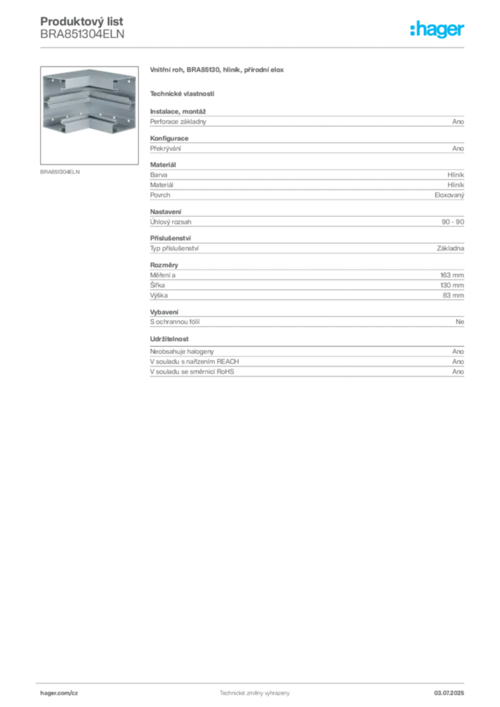 Obrázek Hager Produktový list BRA851304ELN | Hager
