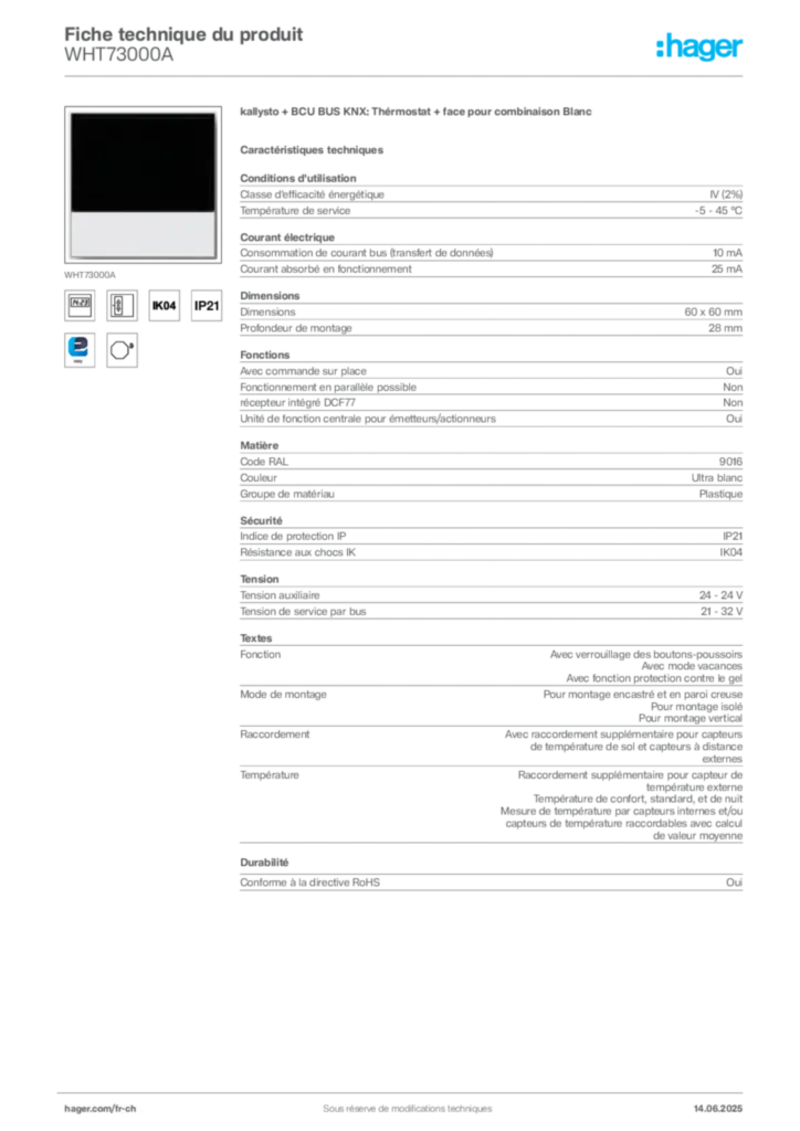 Image Hager Fiche technique du produit WHT73000A | Hager Suisse