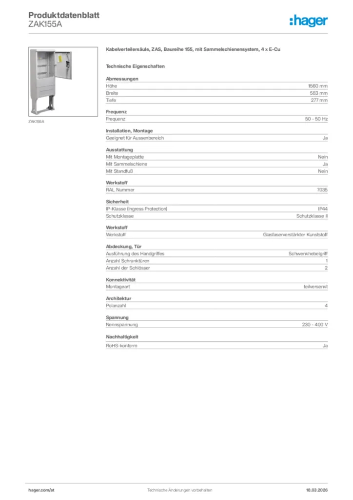 Bild Hager Produktdatenblatt ZAK155A | Hager Deutschland