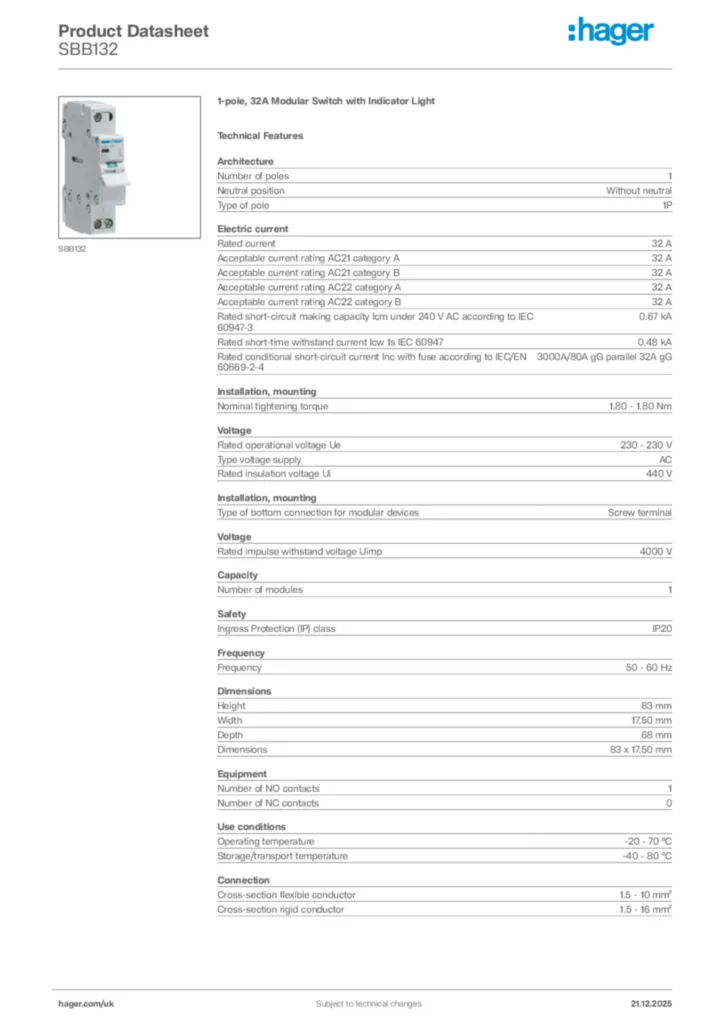 Image Hager Product data sheet SBB132  | Hager