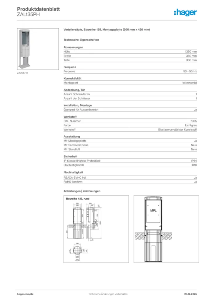 Bild Hager Produktdatenblatt ZAL135PH | Hager Deutschland