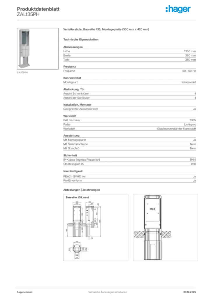 Bild Hager Produktdatenblatt ZAL135PH | Hager Deutschland
