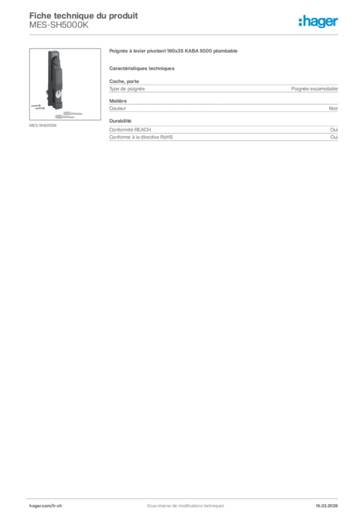 Image Hager Fiche technique du produit MES-SH5000K | Hager Suisse