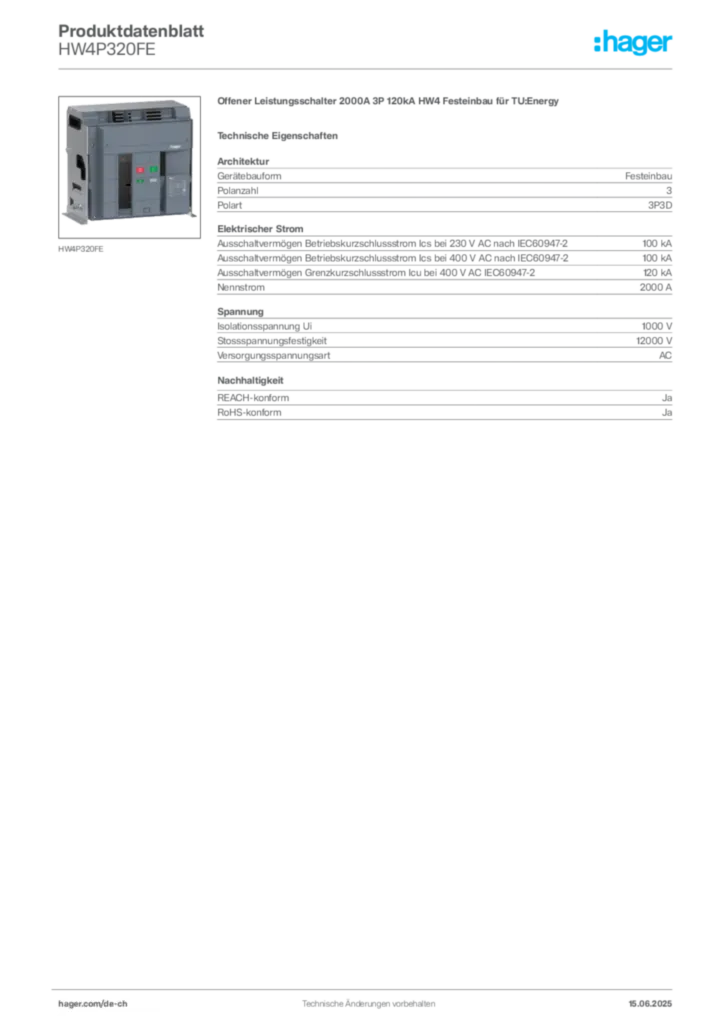 Bild Hager Produktdatenblatt HW4P320FE | Hager Schweiz