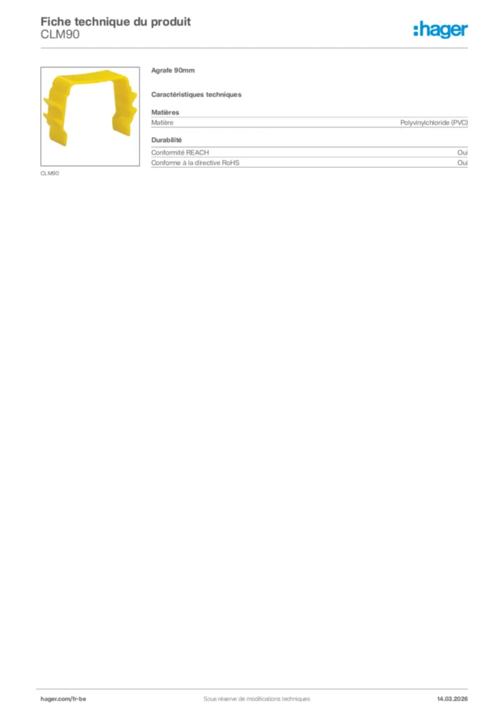 Image Hager Fiche technique du produit CLM90 | Hager Belgique