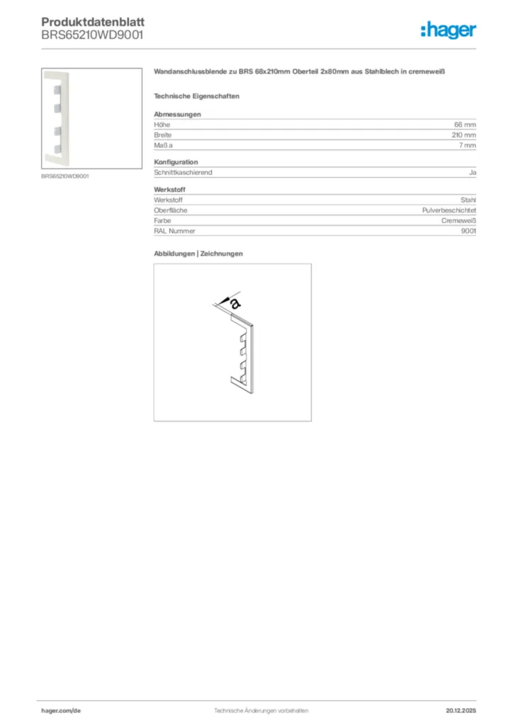 Bild Hager Produktdatenblatt BRS65210WD9001 | Hager Deutschland