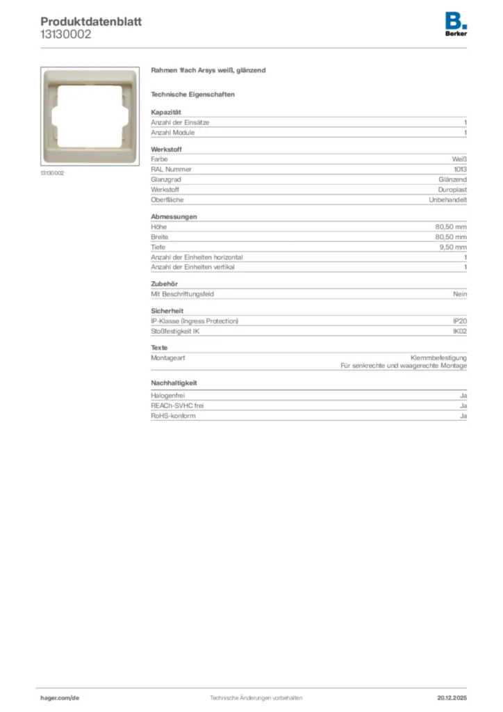 Bild Berker Produktdatenblatt 13130002 | Hager Deutschland
