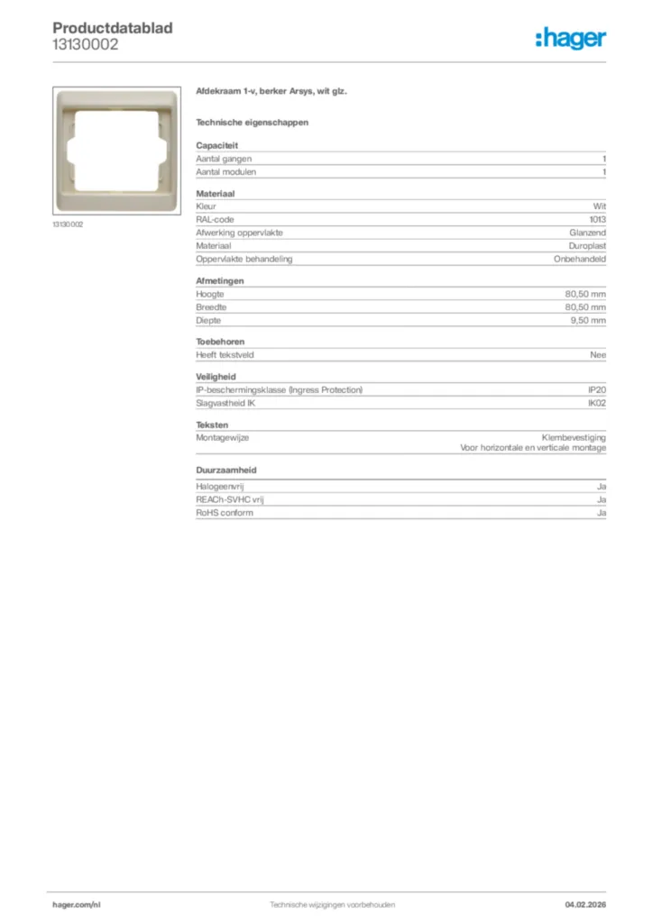 Afbeelding Hager Productdatablad 13130002 | Hager Nederland