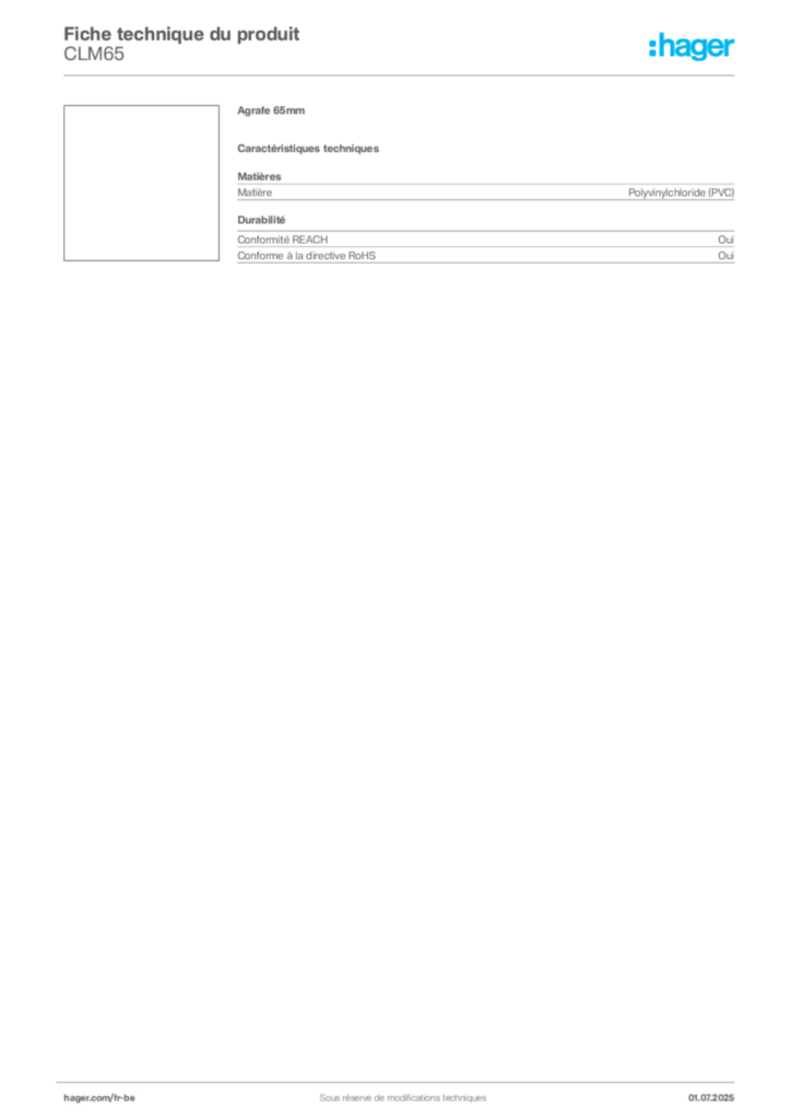 Image Hager Fiche technique du produit CLM65 | Hager Belgique