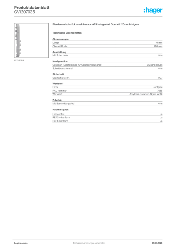 Hager Produktdatenblatt GV1207035