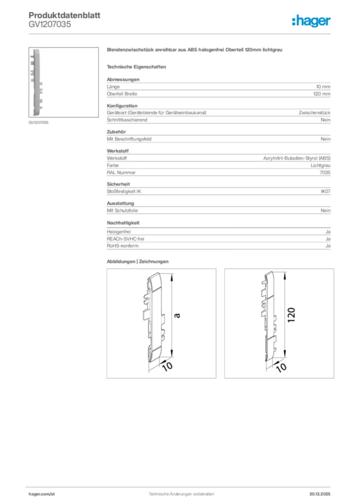 Bild Hager Produktdatenblatt GV1207035 | Hager Deutschland
