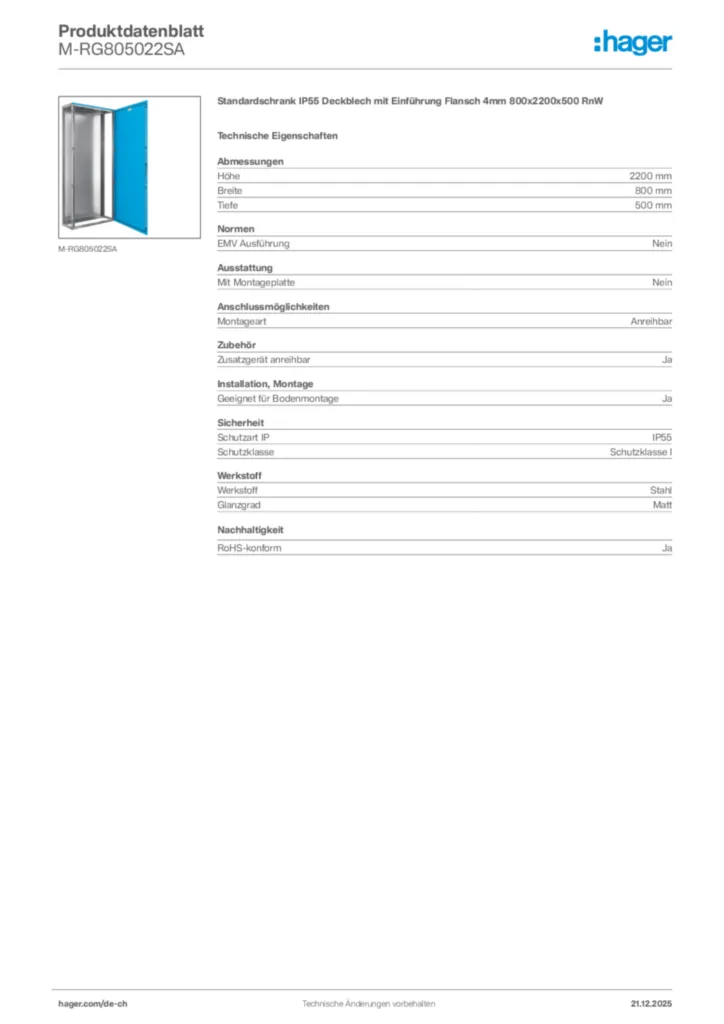 Bild Hager Produktdatenblatt M-RG805022SA | Hager Schweiz