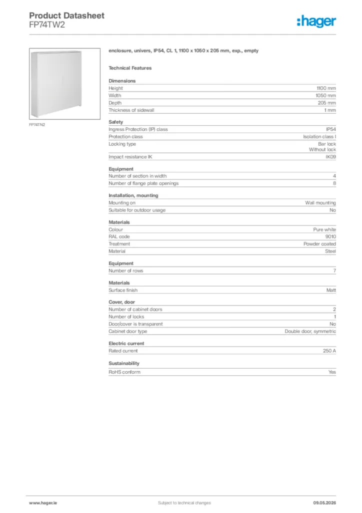 Image Hager Product data sheet FP74TW2  | Hager