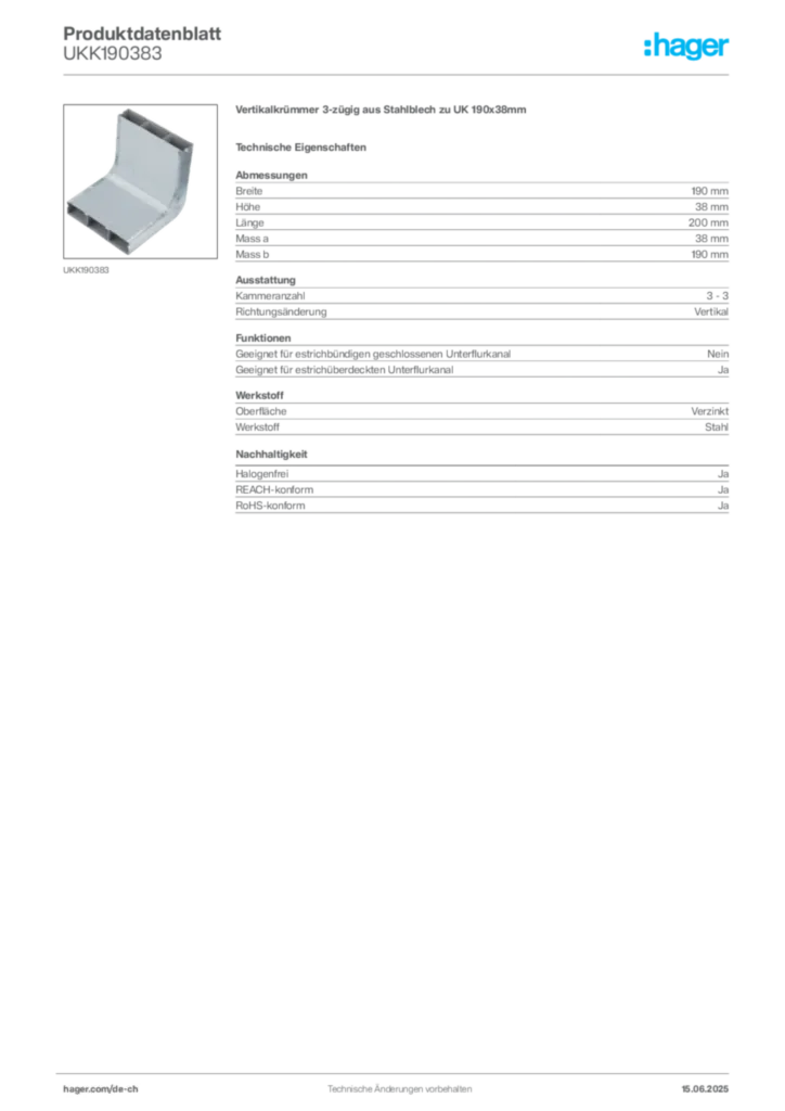 Bild Hager Produktdatenblatt UKK190383 | Hager Schweiz