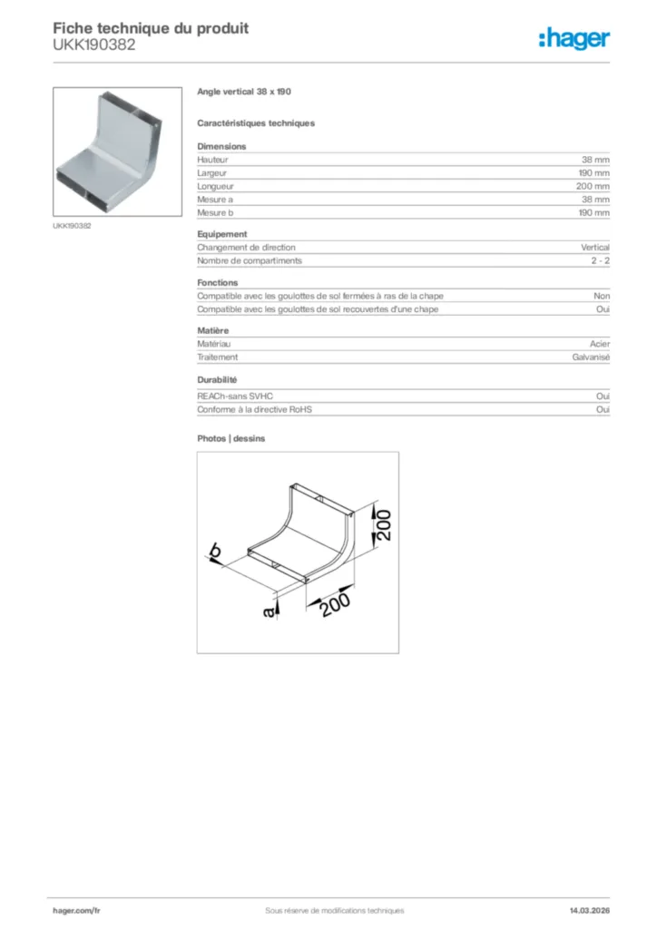 Image Hager Fiche technique du produit UKK190382 | Hager France
