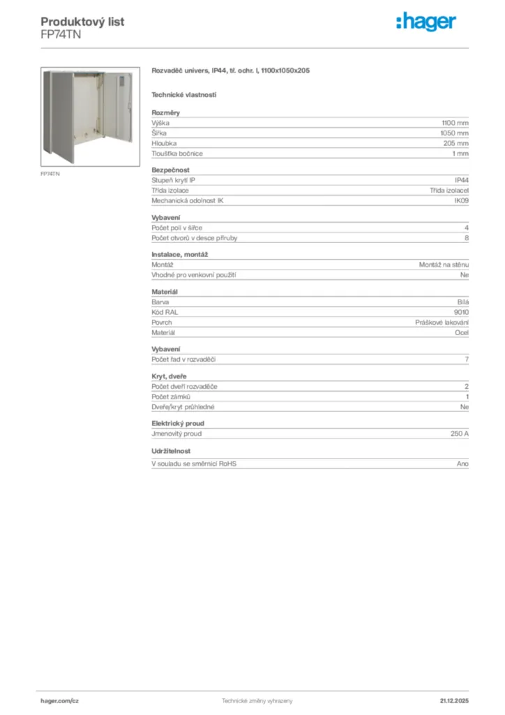 Obrázek Hager Produktový list FP74TN | Hager