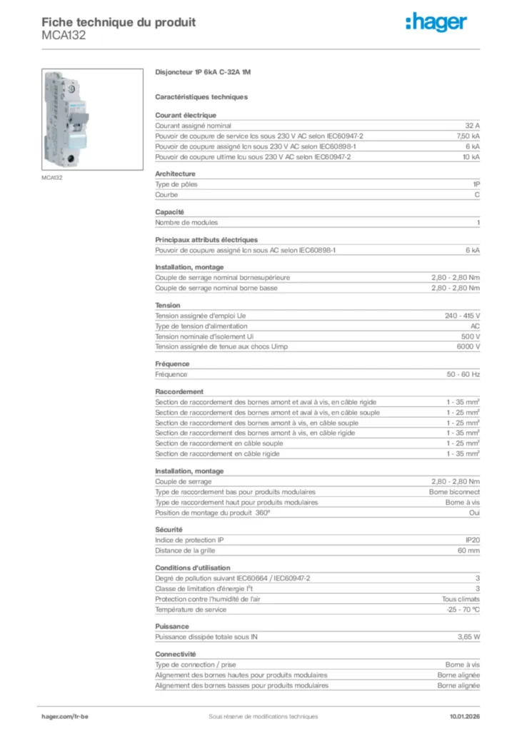 Image Hager Fiche technique du produit MCA132 | Hager Belgique