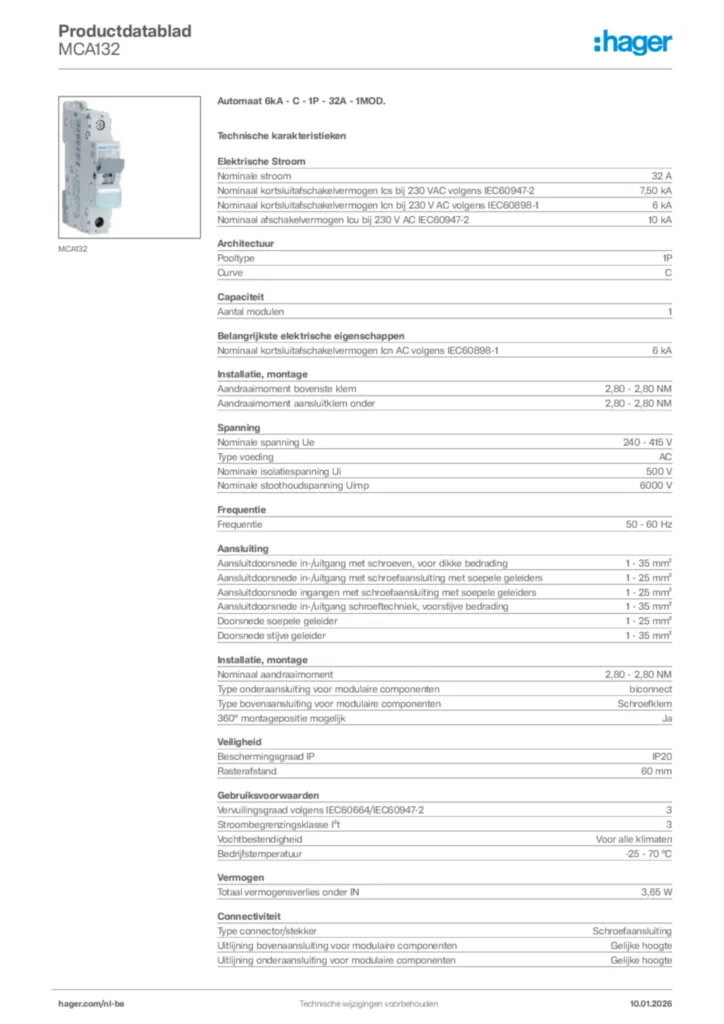 Afbeelding Hager Productdatablad MCA132 | Hager Belgium