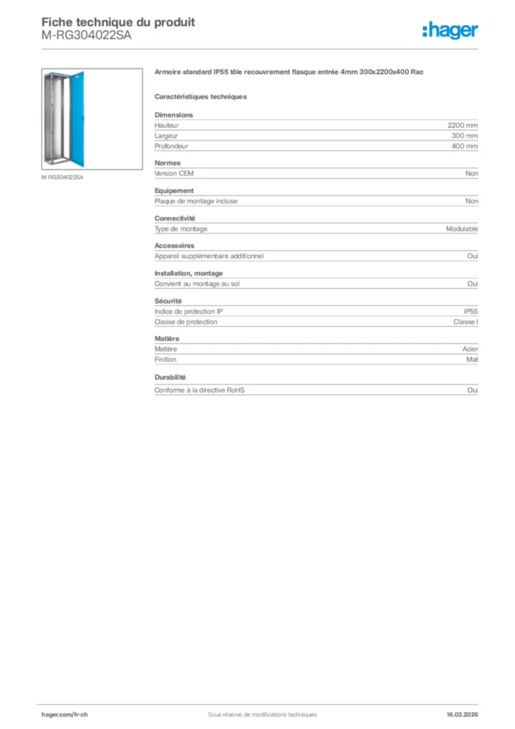 Image Hager Fiche technique du produit M-RG304022SA | Hager Suisse