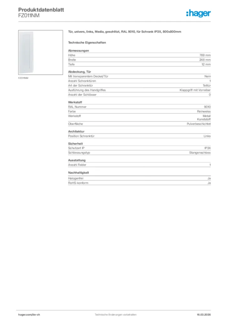 Bild Hager Produktdatenblatt FZ011NM | Hager Schweiz