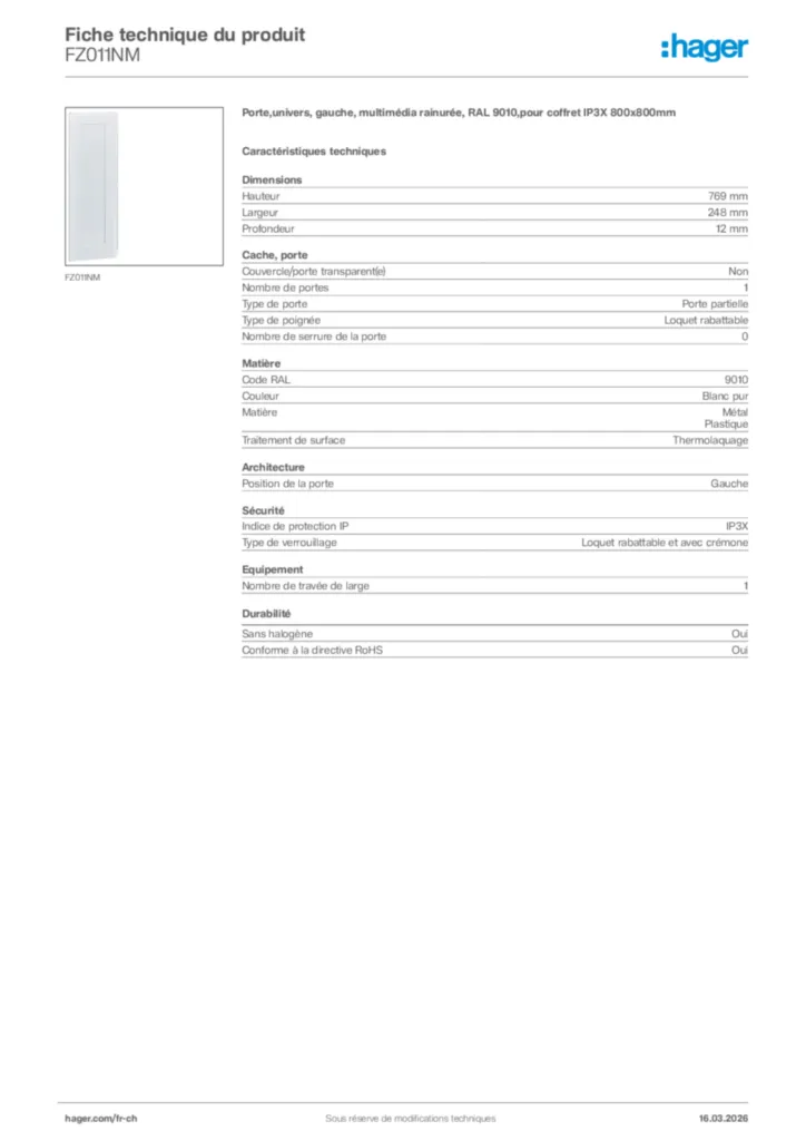 Image Hager Fiche technique du produit FZ011NM | Hager Suisse