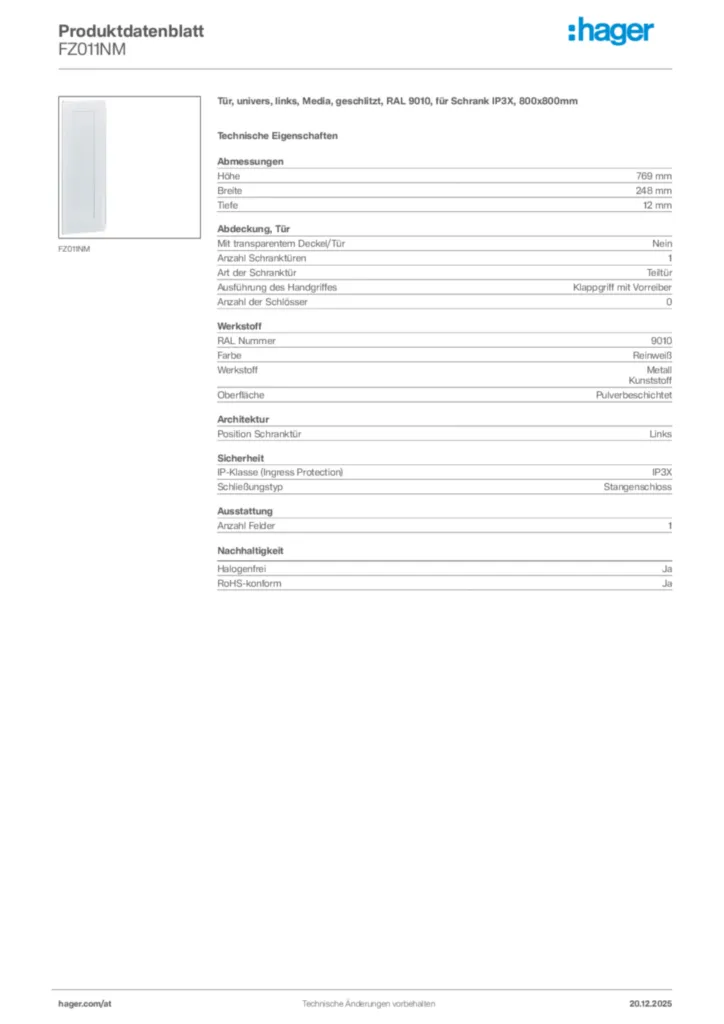 Bild Hager Produktdatenblatt FZ011NM | Hager Deutschland