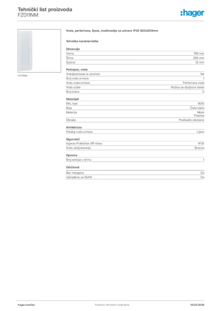 Slika Hager Tehnički list proizvoda FZ011NM  | Hager