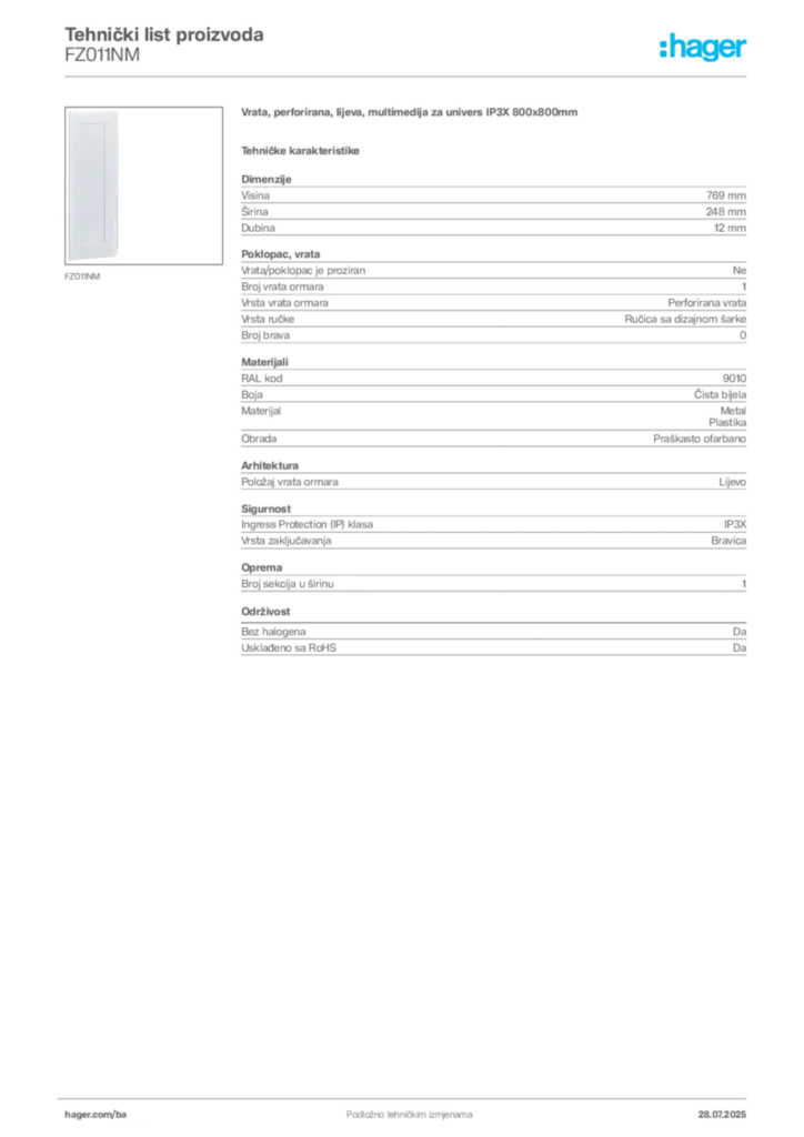 Slika Hager Product data sheet FZ011NM  | Hager