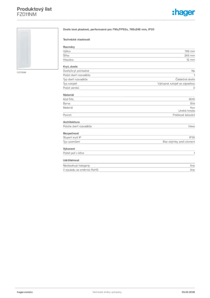 Obrázek Hager Product data sheet FZ011NM | Hager