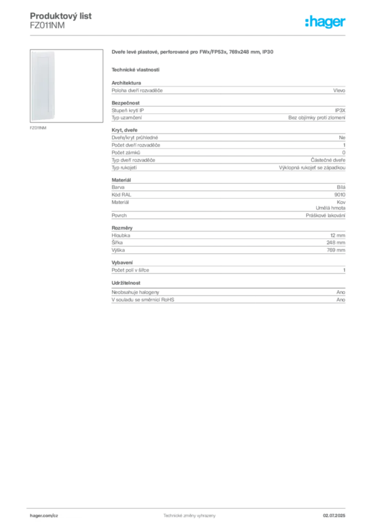 Obrázek Hager Produktový list FZ011NM | Hager