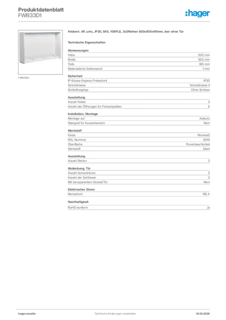 Bild Hager Produktdatenblatt FWB33D1 | Hager Deutschland