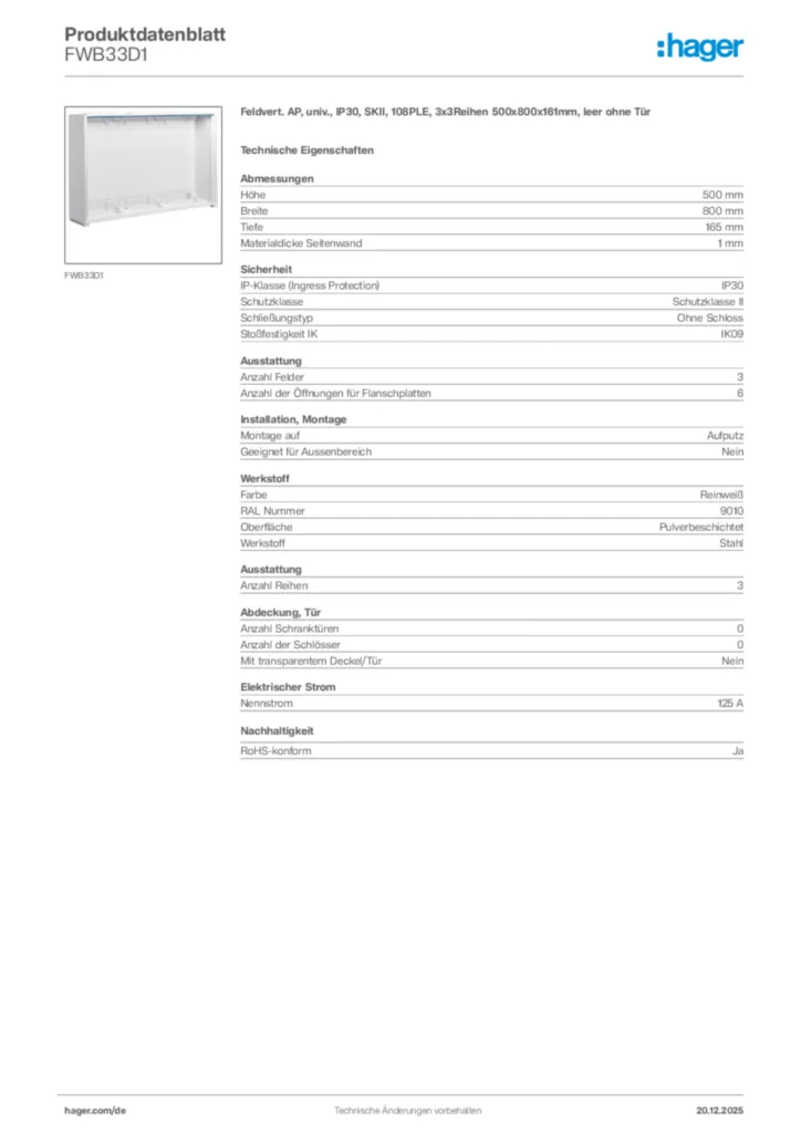 Bild Hager Produktdatenblatt FWB33D1 | Hager Deutschland