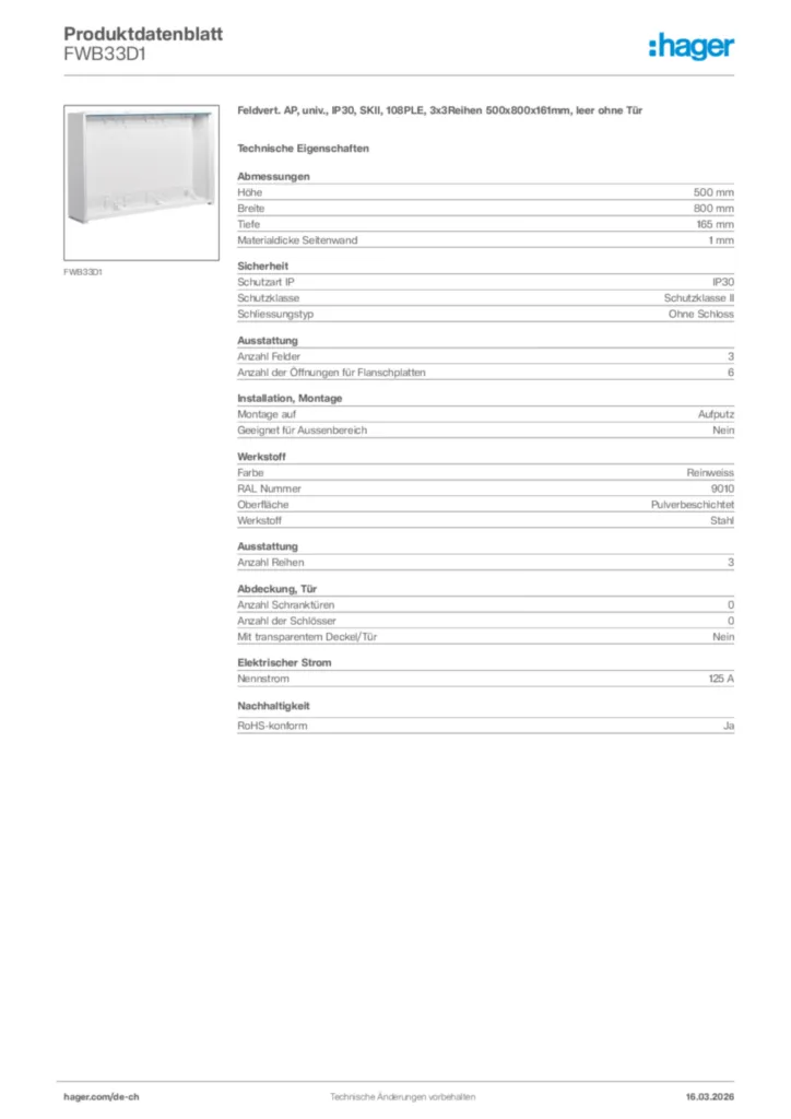 Bild Hager Produktdatenblatt FWB33D1 | Hager Schweiz