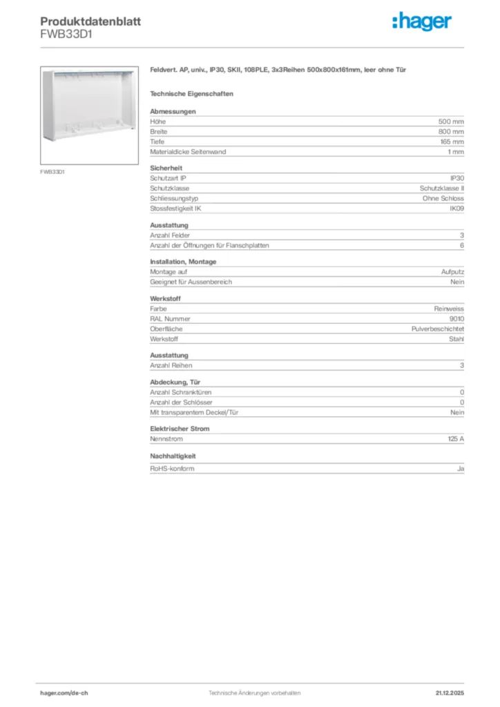 Bild Hager Produktdatenblatt FWB33D1 | Hager Schweiz