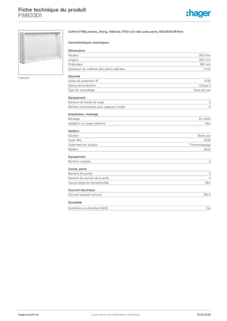 Image Hager Fiche technique du produit FWB33D1 | Hager Suisse
