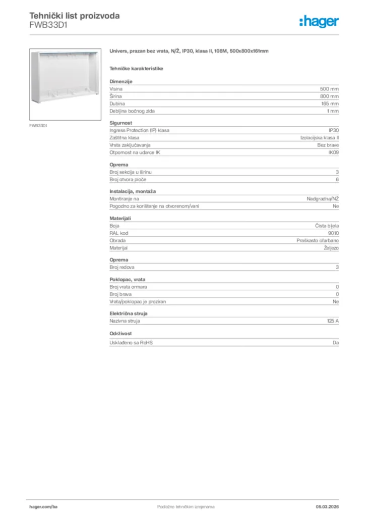 Slika Hager Tehnički list proizvoda FWB33D1  | Hager