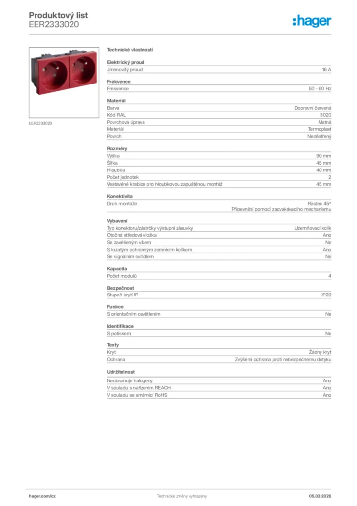 Obrázek Hager Product data sheet EER2333020 | Hager