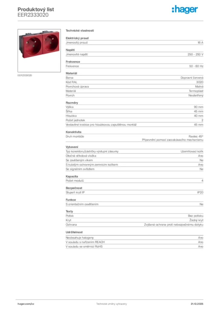 Obrázek Hager Produktový list EER2333020 | Hager