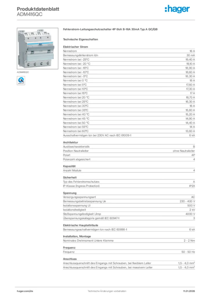 Hager Produktdatenblatt ADM416QC
