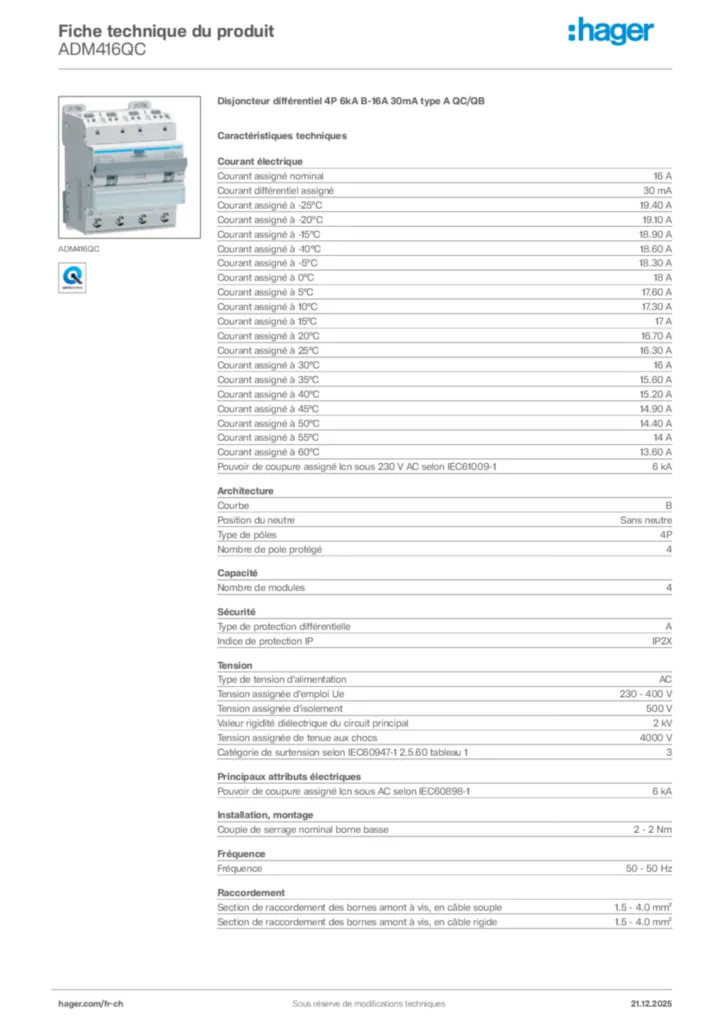 Image Hager Fiche technique du produit ADM416QC | Hager Suisse
