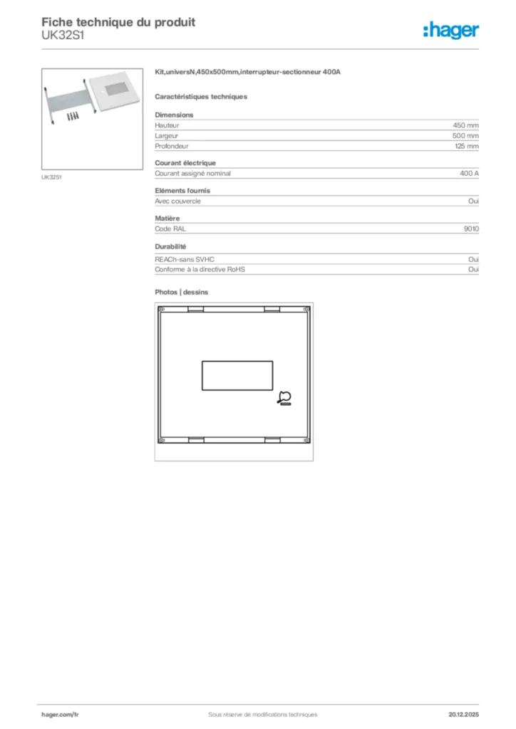 Image Hager Fiche technique du produit UK32S1 | Hager France