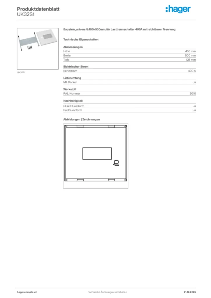 Bild Hager Produktdatenblatt UK32S1 | Hager Schweiz