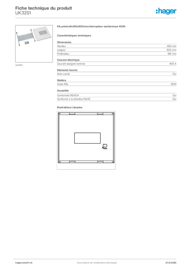 Image Hager Fiche technique du produit UK32S1 | Hager Suisse
